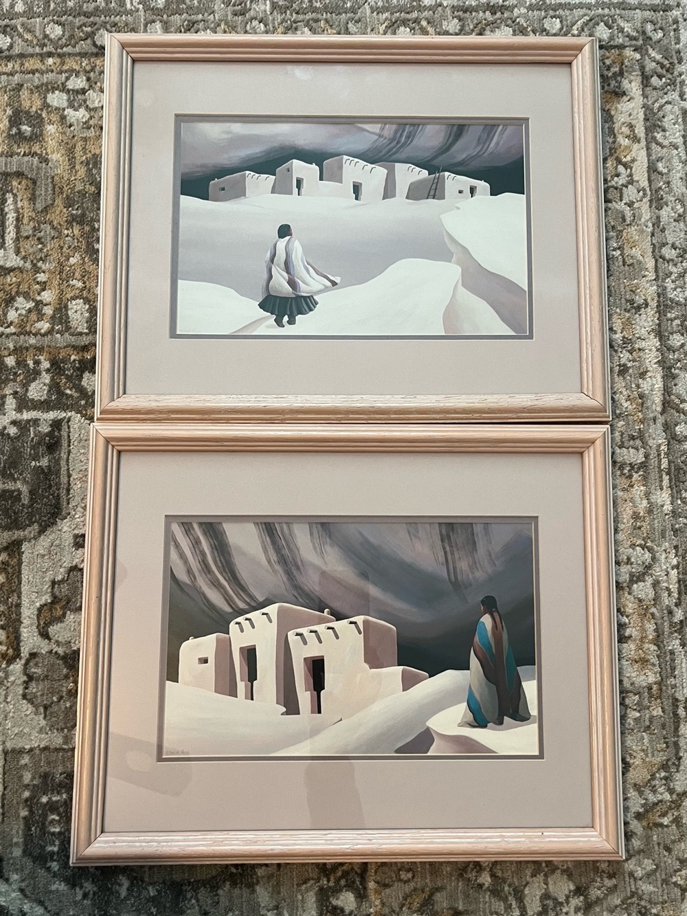 2 Deborah Hiatt prints, Southwestern Village Prints in Beige, Gray, Teal